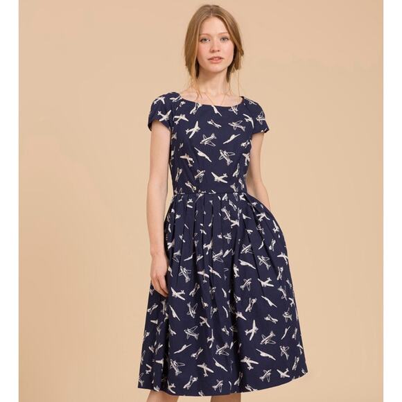 EMILY AND FIN Claudia Retro Plane Print Dress 50s Navy Blue Sz XXL NWT {3T12} - Picture 1 of 3